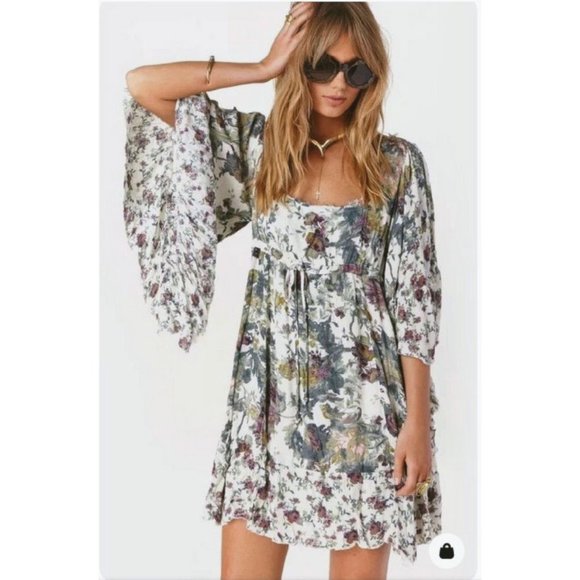 Free People Heart of Gold Mini Dress w/Vintage Floral Print & Butterfly Sleeves - Picture 9 of 12